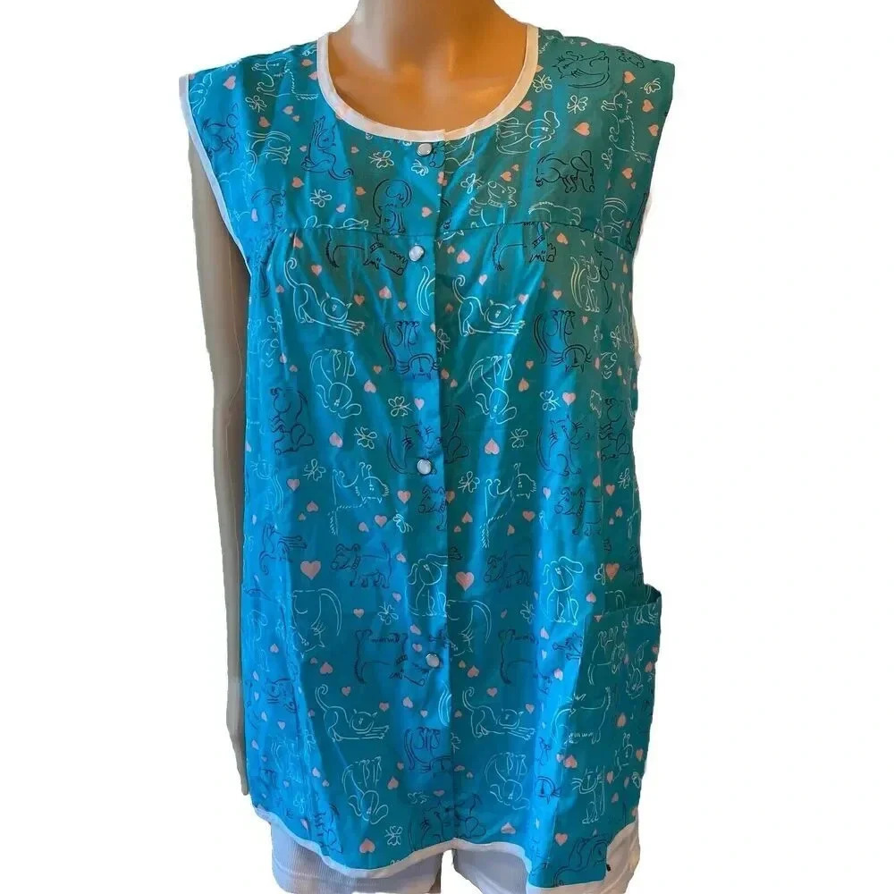 VTG ANTHONY RICHARDS TANK TOP WOMENS 1X TEAL CAT DOG PRINT ANIMALS LOVER POCKET
